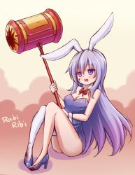 Rule 34 | 1girl, animal ears, asymmetrical legwear, bare shoulders, blood, blood on face, bloody weapon, breasts, cleavage, copyright name, detached collar, erina (rabi-ribi), fake animal ears, hammer, high heels, leotard, light purple hair, long hair, looking at viewer, medium breasts, open mouth, playboy bunny, purple eyes, purple hair, rabbit ears, rabbit tail, rabi-ribi, shokuane, single thighhigh, solo, tail, thighhighs, uneven legwear, very long hair, weapon, white thighhighs, wrist cuffs