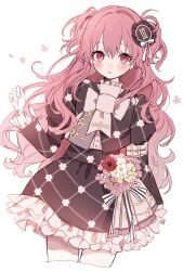 Rule 34 | 1girl, bow, bowtie, brown jacket, brown skirt, comic lo, cowboy shot, frilled skirt, frilled sleeves, frills, hair ornament, hair ribbon, highres, jacket, juliet sleeves, long sleeves, looking at viewer, momoi airi, pink eyes, pink hair, project sekai, puffy sleeves, ribbon, shirt, simple background, skirt, solo, two side up, uya (moffy03), white background, white bow, white bowtie, white ribbon, white shirt