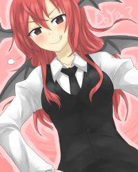 Rule 34 | &gt;:), 1girl, :q, bat wings, blush, buttons, dress shirt, dutch angle, english text, female focus, hand on own hip, head wings, koakuma, long hair, long sleeves, naughty face, necktie, nobamo pieruda, red eyes, red hair, shirt, smirk, solo, tongue, tongue out, touhou, v-shaped eyebrows, vest, white shirt, wings