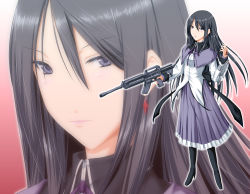 Rule 34 | 10s, 1girl, aged up, akemi homura, assault rifle, black hair, black pantyhose, boots, earrings, face, female focus, gradient background, gun, highres, jewelry, looking at viewer, m4 carbine, magical girl, mahou shoujo madoka magica, mahou shoujo madoka magica (anime), nori tamago, pantyhose, purple eyes, ribbon, rifle, skirt, solo, weapon, zoom layer