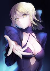 Rule 34 | 1girl, artoria pendragon (all), artoria pendragon (fate), bad id, bad pixiv id, black bow, blue sleeves, bow, braid, braided bun, breasts, choker, cleavage, collarbone, fate/stay night, fate (series), hair bow, hair bun, highres, kyuu (chiu850513), long sleeves, looking at viewer, medium breasts, outstretched arm, outstretched hand, parted lips, reaching, saber alter, short hair, shrug (clothing), silver hair, solo, upper body, yellow eyes