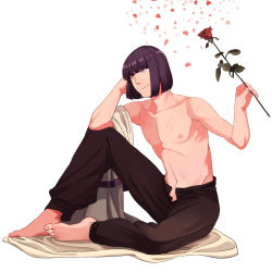 Rule 34 | 1boy, barefoot, flower, full body, lyxu, male focus, pants, purple eyes, purple hair, red flower, red rose, rose, scratches, topless male, sitting, slayers, smile, solo, white background, wink, xelloss