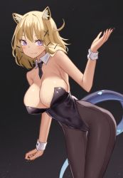 Rule 34 | 1girl, absurdres, animal ear fluff, animal ears, arknights, bare arms, bare shoulders, black background, black necktie, black pantyhose, blonde hair, blush, breasts, cleavage, commentary request, cowboy shot, detached collar, faldeus, fang, fang out, hand up, highres, large breasts, necktie, pantyhose, purple eyes, short hair, simple background, skin fang, solo, standing, tail, thighs, utage (arknights), wrist cuffs