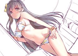 Rule 34 | 10s, 1girl, :3, bikini, blush, bow, bracelet, breasts, brown eyes, brown hair, embarrassed, hair bow, jewelry, long hair, looking at viewer, love live!, love live! school idol project, medium breasts, minami kotori, side ponytail, simple background, solo, swimsuit, very long hair, white bikini, white hair, yuran