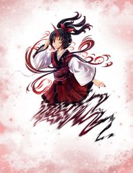 Rule 34 | 1girl, ;), aura, black hair, blood, blood on face, bow, breasts, cloud, fading, fingernails, fire, fire, gradient hair, hair bow, hand on own head, headphones, highres, horns, japanese clothes, kimono, konngara (touhou), looking at viewer, multicolored hair, muutzi, nail, no legs, obi, one eye closed, pointy ears, ponytail, red ribbon, ribbon, sash, single horn, small breasts, smile, smoke, solo, star (sky), tassel, touhou, touhou (pc-98), tsurime, wink