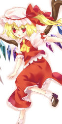 Rule 34 | 1girl, bad id, bad pixiv id, blonde hair, embodiment of scarlet devil, female focus, flandre scarlet, gradient background, hat, highres, mary janes, ponytail, red eyes, shoes, short hair, side ponytail, solo, tokira nozumi, touhou, wings
