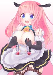 Rule 34 | 1girl, absurdres, apron, azur lane, bell, blue eyes, blush, breasts, collar, commentary request, covered erect nipples, detached sleeves, garter straps, hair ornament, highres, large breasts, long hair, looking at viewer, maid apron, neck bell, open mouth, pink hair, simple background, solo, suffolk (warship girls r), thighhighs, yi hong