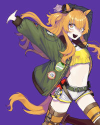 1girl :d animal_ears arm_up belt black_ribbon bow dog_tags ear_ribbon floating_hair fur_collar green_belt green_jacket highres horse_ears horse_girl horse_tail jacket leg_up long_hair long_sleeves looking_up mayano_top_gun_(umamusume) navel open_clothes open_jacket open_mouth orange_eyes orange_hair orange_tail purple_background ribbon shorts simple_background smile solo tail teeth thighhighs umamusume upper_teeth_only white_shorts yoshioka_suke