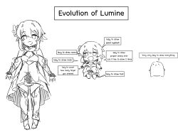 Rule 34 | 2girls, :d, absurdres, boots, chibi, detached sleeves, dress, english text, engrish text, flower, full body, genshin impact, greyscale, hair between eyes, hair flower, hair ornament, highres, lineart, long sleeves, looking at viewer, lumine (genshin impact), medium hair, monochrome, multiple girls, multiple persona, multiple views, open mouth, ranguage, sesield, sidelocks, simple background, sketch, smile, standing, thigh boots, white background