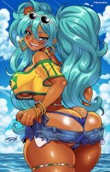 1girl aqua_hair ass bikini blue_bikini blue_eyes blue_sky blush bracelet brazilian_miku breasts butt_crack clothes_pull cowboy_shot crop_top darkereve day denim denim_shorts earrings hatsune_miku highres jewelry large_breasts long_hair looking_back nail_polish ocean open_mouth shiny_skin shirt short_shorts short_sleeves shorts shorts_pull side-tie_bikini_bottom skindentation sky smile solo standing swimsuit tan tanline teeth thong_bikini tongue twintails underboob upper_teeth_only vocaloid water yellow_shirt