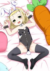 Rule 34 | 1girl, animal ears, arms up, bare shoulders, bed, black leotard, black thighhighs, blonde hair, carrot, detached collar, double v, fake animal ears, forehead, green eyes, groin, highleg, highleg leotard, highres, kantai collection, legs, leotard, luigi torelli (kancolle), lying, nassukun, on back, open mouth, pillow, playboy bunny, rabbit ears, rabbit tail, short hair, smile, solo, strapless, strapless leotard, stuffed toy, tail, thighhighs, thighs, v, wrist cuffs