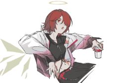 Rule 34 | 1girl, :o, alternate costume, arknights, as931, belt, black pants, black shirt, cropped shirt, cup, detached wings, disposable cup, energy wings, exusiai (arknights), fang, groin, hair over one eye, halo, highres, holding, holding cup, jacket, navel, open clothes, open jacket, open mouth, orange eyes, pants, red belt, red hair, shirt, short hair, solo, white background, white jacket, wings