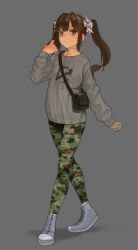 Rule 34 | 1girl, absurdres, attall, bag, brown eyes, brown hair, camouflage, camouflage pants, converse, glasglow grin, glasgow smile, highres, long hair, nanbo ataru (attall), original, pants, patterned legwear, solo, stitches, twintails, two side up