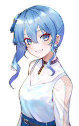 Rule 34 | 1girl, blue eyes, blue hair, blue ribbon, blush, earrings, grin, hair between eyes, hair ribbon, highres, hololive, hoshimachi suisei, jewelry, long hair, long sleeves, looking at viewer, ribbon, saco (cgmore), shirt, side ponytail, simple background, smile, solo, star (symbol), star in eye, symbol in eye, upper body, virtual youtuber, white background, white shirt