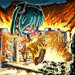 Rule 34 | 1girl, aqua hair, black sleeves, building, commentary, destruction, detached sleeves, explosion, fire, giant, giantess, hair ornament, headphones, laser, long hair, looking down, mikudayoo, open mouth, red eyes, rxjx, smile, smoke, solo, standing, twintails, vocaloid