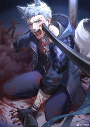 Rule 34 | 1boy, animal ears, blood, blood from mouth, blood on clothes, blood on face, blood on hands, blue eyes, claws, devil may cry (series), devil may cry 5, fangs, fingerless gloves, gloves, highres, holding, hood, looking at viewer, male focus, nero (devil may cry), open mouth, solo, sword, weapon, werewolf, white hair, wolf boy, wolf ears