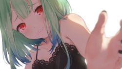 Rule 34 | 1girl, alternate costume, bare shoulders, blush, breasts, cino (amairoka), collarbone, dot nose, fingernails, glowing, glowing eyes, green hair, highres, hololive, looking at viewer, medium hair, red eyes, simple background, small breasts, smile, solo, uruha rushia, virtual youtuber, white background