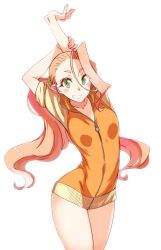 Rule 34 | 1girl, breasts, commentary request, frown, green eyes, hair ornament, jacket, kagaminomachi no kaguya, kusanagi tonbo, long hair, no pants, orange hair, original, otohime (kagaminomachi no kaguya), shoes, small breasts, smile, solo, stretching, thick eyebrows, track jacket, twintails