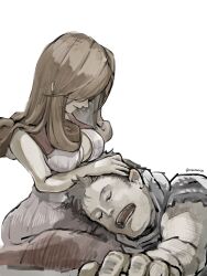 Rule 34 | 1boy, 1girl, adelbert steiner, bare arms, bare shoulders, beatrix (ff9), breasts, brown hair, cleavage, closed eyes, curly hair, final fantasy, final fantasy ix, grey vest, hair over one eye, hand in another&#039;s hair, hand on another&#039;s head, highres, lap pillow, large breasts, light smile, long hair, open mouth, plunging neckline, short hair, sleeping, swept bangs, twitter username, upper body, uzutanco, vest, white background