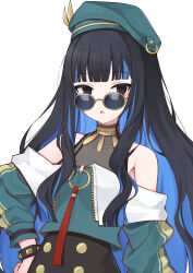 Rule 34 | 1girl, absurdres, bare shoulders, beret, black hair, black shorts, blue hair, bracelet, breasts, buttons, colored inner hair, double-breasted, eyeliner, fate/grand order, fate (series), green hat, green jacket, grey eyes, hat, highres, jacket, jewelry, long hair, looking at viewer, makeup, multicolored hair, neck ring, o-ring, off shoulder, open mouth, round eyewear, shimejirou (000kk), shorts, sidelocks, small breasts, solo, sunglasses, tenochtitlan (fate), tenochtitlan (second ascension) (fate), wavy hair, zipper