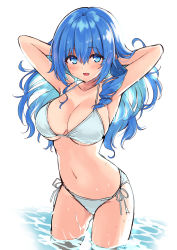 Rule 34 | 1girl, :d, armpits, arms behind head, arms up, backlighting, bare arms, bare shoulders, bikini, blue bikini, blue eyes, blue hair, blush, breasts, cleavage, collarbone, commentary request, cu-no, gluteal fold, hair between eyes, hands in hair, hisen kaede, kohitsuji ai, large breasts, long hair, looking at viewer, navel, open mouth, side-tie bikini bottom, sidelocks, sketch, smile, solo, standing, string bikini, swimsuit, very long hair, wading, water, wavy hair, wet, wet hair, white background, white bikini