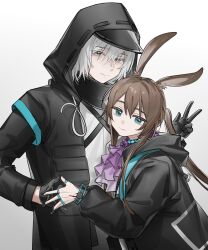 1boy 1girl absurdres amiya_(arknights) animal_ears arknights ascot black_coat black_gloves black_jacket blue_collar blue_eyes brown_hair closed_mouth coat collar doctor_(arknights) frilled_ascot frills gloves grey_eyes grey_hair hair_between_eyes highres holding_hands hood hood_up hooded_coat jacket jewelry jsjdndhidnshssj long_sleeves looking_at_viewer male_doctor_(arknights) multiple_rings open_clothes open_coat open_jacket ponytail purple_ascot rabbit_ears rabbit_girl ring shirt smile upper_body v white_shirt