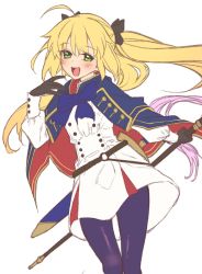 Rule 34 | 1girl, ahoge, artoria caster, artoria caster (fate), artoria caster (second ascension) (fate), artoria pendragon (fate), black gloves, blonde hair, blue capelet, blue pantyhose, blush, breasts, capelet, dress, fate/grand order, fate (series), gloves, green eyes, highres, long hair, long sleeves, looking at viewer, mitsurugi sugar, no headwear, open mouth, pantyhose, sheath, simple background, smile, staff, sword, twintails, unworn headwear, weapon, white background, white dress