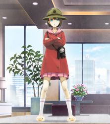 Rule 34 | 1girl, blue eyes, brown hair, coat, crossed arms, day, from below, full body, game cg, green hat, hair between eyes, hat, highres, huke, indoors, looking at viewer, miniskirt, non-web source, official art, open mouth, pink skirt, pleated skirt, red coat, short hair, skirt, solo, standing, steins;gate, steins;gate 0, tennouji nae, white legwear, window
