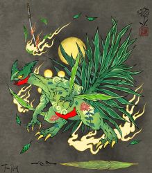 Rule 34 | animal focus, claws, creatures (company), fiona hsieh, fire, flower, from side, game freak, gen 3 pokemon, katana, leaf, lizard, looking to the side, nintendo, open mouth, pokemon, pokemon (creature), sceptile, seal impression, signature, solo, sun, sword, weapon, yellow eyes