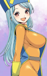 Rule 34 | 1girl, :d, blue hair, blue hat, bodysuit, breasts, dragon quest, dragon quest iii, eyelashes, from side, gloves, hat, highres, large breasts, light blue hair, looking at viewer, mitre, muramasa mikado, open mouth, orange bodysuit, pink lips, priest (dq3), red eyes, smile, solo, straight hair, yellow gloves