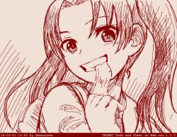 Rule 34 | 10s, 1girl, abazu-red, dated, eating, girls und panzer, kadotani anzu, long hair, monochrome, mouth hold, ooarai school uniform, open mouth, red theme, school uniform, solo, teeth, tegaki, tegaki draw and tweet, twintails, upper body