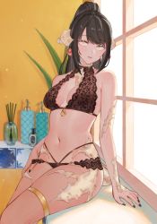 Rule 34 | 1girl, absurdres, arm support, armpit crease, au ra, bare arms, bare shoulders, barefoot, black bra, black hair, black nails, black panties, blurry, bra, breasts, breasts apart, commentary, day, depth of field, dragon girl, dragon horns, dragon tail, eyelashes, eyeshadow, final fantasy, final fantasy xiv, fingernails, hair ornament, high ponytail, highleg, highres, horns, indoors, jewelry, light particles, long hair, looking at viewer, makeup, medium breasts, midriff, nail polish, navel, panties, parted bangs, parted lips, scales, shiny skin, sidelighting, sidelocks, sitting, skindentation, soap bottle, solo, stomach, tail, thigh strap, underwear, underwear only, uni (melm), warrior of light (ff14), window, yellow eyes