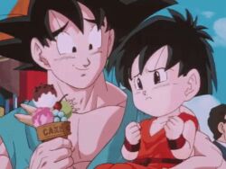 Rule 34 | animated, animated gif, black eyes, black hair, carrying, carrying person, crying, dragon ball, food, giving food, grandfather and granddaughter, happy, ice cream, lowres, pan (dragon ball), smile, son goku, tagme