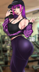 Rule 34 | 0odrosselo0, bitchi-chan, black hat, black sports bra, blue eyes, cellphone, colored eyelashes, hat, hime cut, holding, holding phone, jacket, lip piercing, looking at viewer, looking back, midriff, nose piercing, open clothes, open jacket, original, pants, phone, piercing, purple hair, smartphone, sports bra, sportswear, tight clothes, tight pants, w, yoga pants