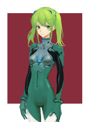 Rule 34 | 1girl, border, closed mouth, collarbone, cool4noodle, covered collarbone, green eyes, green hair, highres, light green hair, long hair, neon genesis evangelion, original, plugsuit, sketch, solo, twintails, white border