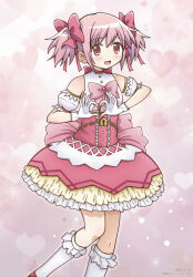 Rule 34 | 1girl, bare shoulders, fate 0529, gloves, highres, kaname madoka, lock, looking at viewer, mahou shoujo madoka magica, mahou shoujo madoka magica: walpurgis no kaiten, open mouth, padlock, pink eyes, pink hair, short twintails, smile, solo, twintails, white gloves