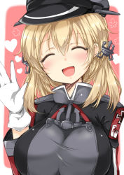 Rule 34 | 10s, 1girl, :d, ^ ^, anchor, anchor hair ornament, blonde hair, blush, breasts, closed eyes, cross, closed eyes, gloves, hair ornament, hand up, hat, head tilt, heart, iron cross, kanatsu, kantai collection, large breasts, military, military hat, military uniform, open mouth, peaked cap, prinz eugen (kancolle), smile, solo, twintails, uniform, white gloves