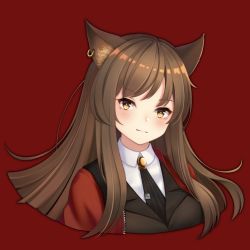 Rule 34 | 1girl, animal ear fluff, animal ears, arknights, black necktie, black vest, blush, breasts, brown eyes, brown hair, closed mouth, collared shirt, commentary, cropped torso, ear piercing, jacket, kaleid, long hair, looking at viewer, medium breasts, necktie, open clothes, open jacket, piercing, red background, red jacket, shirt, skyfire (arknights), smile, solo, striped necktie, striped neckwear, symbol-only commentary, upper body, vertical-striped clothes, vertical-striped necktie, vertical-striped neckwear, vest, white shirt