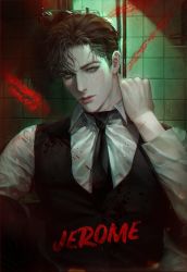 Rule 34 | 1boy, bad id, bad twitter id, black hair, black necktie, black vest, blood, blood on arm, blood on clothes, blood on face, blood on wall, blood splatter, blouse, blurry, closed mouth, collared shirt, copyright request, cuts, depth of field, green eyes, hand on own neck, hand up, highres, indoors, injury, korean commentary, lips, long sleeves, looking at viewer, male focus, necktie, see-through, shirt, short hair, sideburns, solo, tile wall, tiles, vazi, vest, wet, wet clothes, wet shirt, white shirt
