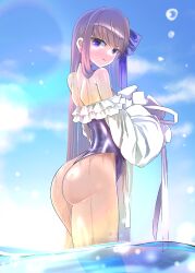 Rule 34 | 1girl, ass, bare shoulders, blue eyes, blue one-piece swimsuit, blue ribbon, choker, fate/extra, fate/extra ccc, fate/grand order, fate (series), frilled one-piece swimsuit, frills, hair ribbon, highleg, highleg swimsuit, highres, long hair, long sleeves, looking at viewer, looking back, meltryllis, meltryllis (fate), meltryllis (swimsuit lancer) (fate), meltryllis (swimsuit lancer) (second ascension) (fate), mentaiko mamire, off-shoulder one-piece swimsuit, off shoulder, one-piece swimsuit, puffy sleeves, purple hair, ribbon, sleeves past fingers, sleeves past wrists, solo, strapless, strapless one-piece swimsuit, swimsuit, very long hair