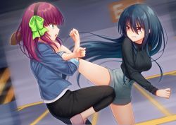 Rule 34 | 2girls, angel beats!, battle, black hair, black hairband, black pants, black shirt, blue jacket, bow, clenched teeth, commission, crossed arms, feet out of frame, floating hair, green bow, green eyes, grey shorts, hair between eyes, hairband, jacket, kicking, long hair, motion blur, multiple girls, nakamura hinato, open clothes, open jacket, pants, pink footwear, profile, purple hair, red eyes, ribbed shirt, shiina (angel beats!), shirt, shoes, short shorts, shorts, skeb commission, standing, standing on one leg, teeth, turtleneck, very long hair, yuri (angel beats!)