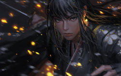 Rule 34 | 1girl, black hair, black kimono, blurry, blurry background, closed mouth, depth of field, floral print, grey eyes, guweiz, highres, holding, holding sword, holding weapon, japanese clothes, katana, kimono, long hair, long sleeves, looking at viewer, motion blur, original, print kimono, snowing, solo, sword, thick eyebrows, upper body, v-shaped eyebrows, weapon, wide sleeves
