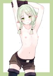 Rule 34 | 1girl, armpits, arms up, belt, belt buckle, black belt, black gloves, black thighhighs, blue eyes, blush, braid, brown shorts, buckle, closed mouth, collarbone, commentary request, cowboy shot, dragon&#039;s crown, ear blush, elf, elf (dragon&#039;s crown), flat chest, gloves, green background, green eyes, green hair, highres, kiyomin, long hair, navel, nipples, parted bangs, pointy ears, short shorts, shorts, smile, solo, thighhighs, topless, twin braids, two-tone background, wet, white background
