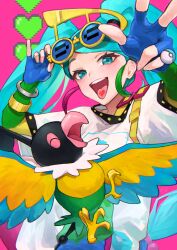 Rule 34 | 1girl, absurdres, adjusting eyewear, bird, blue gloves, bossan 3310, bracelet, chatot, commentary request, creatures (company), crossover, eyelashes, fingerless gloves, game freak, gen 4 pokemon, gloves, green eyes, green hair, hatsune miku, heart, highres, jewelry, long hair, nintendo, normal miku (project voltage), open mouth, pink background, pokemon, pokemon (creature), project voltage, shirt, short sleeves, sunglasses, teeth, tongue, tongue out, twintails, upper teeth only, vocaloid, w, white shirt, yellow-framed eyewear