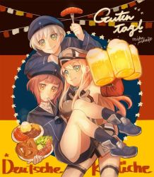 Rule 34 | 10s, 3girls, alcohol, beer, bismarck (kancolle), bismarck kai (kancolle), blonde hair, clothes writing, eating, food, fork, french fries, german flag, german text, green eyes, hat, hot dog, kantai collection, long hair, long sleeves, mika pikazo, military, military hat, military uniform, multiple girls, personification, plate, pretzel, red hair, short hair, silver hair, translated, uniform, yellow eyes, z1 leberecht maass (kancolle), z3 max schultz (kancolle)