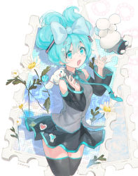 Rule 34 | 1girl, 2others, black skirt, black thighhighs, blue bow, blue eyes, blue hair, blue nails, blue necktie, bow, candy, cinnamiku, cinnamoroll, cloud hair ornament, commentary, cosplay, creature, creature on shoulder, daisy, detached sleeves, ear bow, flower, food, fortissimo, grey shirt, hair between eyes, hair bow, hair ornament, hands up, hatsune miku, hatsune miku (cosplay), highres, lollipop, long sleeves, miniskirt, multiple others, musical note, musical note hair ornament, nail polish, necktie, on shoulder, open mouth, sanrio, shirt, skirt, sleeveless, sleeveless shirt, solo, thighhighs, updo, vocaloid, ziyue