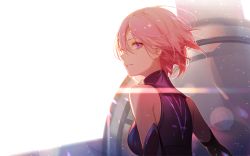 Rule 34 | 1girl, ask (askzy), bare shoulders, breasts, fate/grand order, fate (series), gloves, leotard, looking at viewer, looking back, mash kyrielight, parted lips, pink hair, purple eyes, shaded face, shadow, short hair, simple background, smile, solo, sunlight, white background, wind