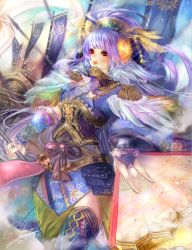 Rule 34 | 1girl, bad id, bad pixiv id, banamons, battle standard, epaulettes, floral print, hair ornament, hand fan, hat, highres, long hair, outdoors, paper fan, purple hair, purple thighhighs, red eyes, sengoku taisen, signature, solo, standing, thighhighs, yoshihime