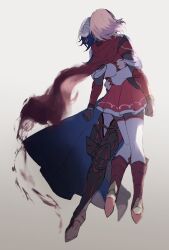 Rule 34 | 1boy, 1girl, alcryst (fire emblem), armor, blood, blue hair, cape, fire emblem, fire emblem engage, full body, gloves, highres, holding, hug, injury, lapis (fire emblem), nintendo, pink hair, pleated skirt, shoes, short hair, shoulder armor, skirt, thighhighs, white background, white thighhighs, wspread