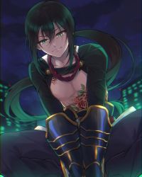 Rule 34 | 1boy, bishounen, black hair, chest tattoo, city, fate/grand order, fate (series), green eyes, highres, kan&#039;yu (citron 82), long hair, looking at viewer, male focus, night, pectorals, ponytail, smile, tattoo, yan qing (fate)